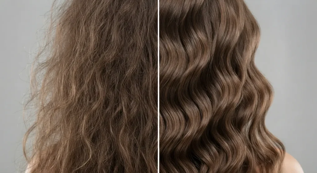 Frizzy and defined 2C waves before and after curl cream