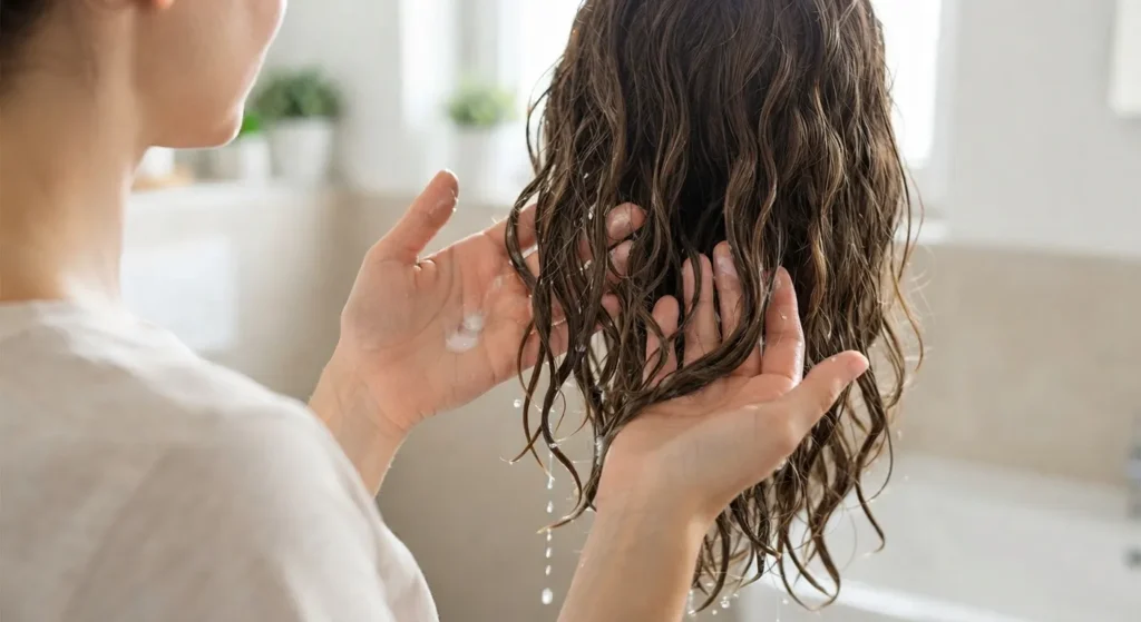 Applying leave-in conditioner to soaking-wet 2C wavy hair