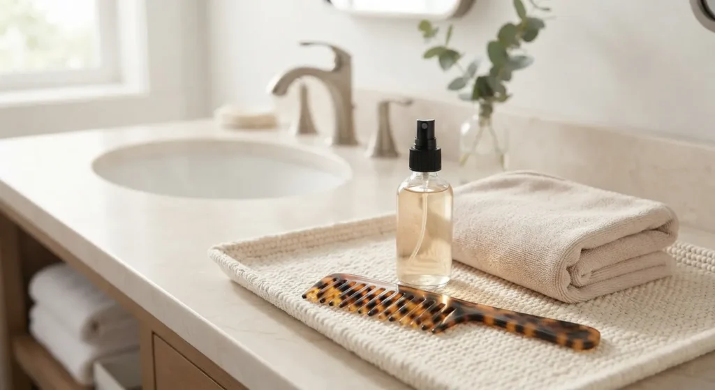 2C hair care routine with microfiber towel and wide-tooth comb