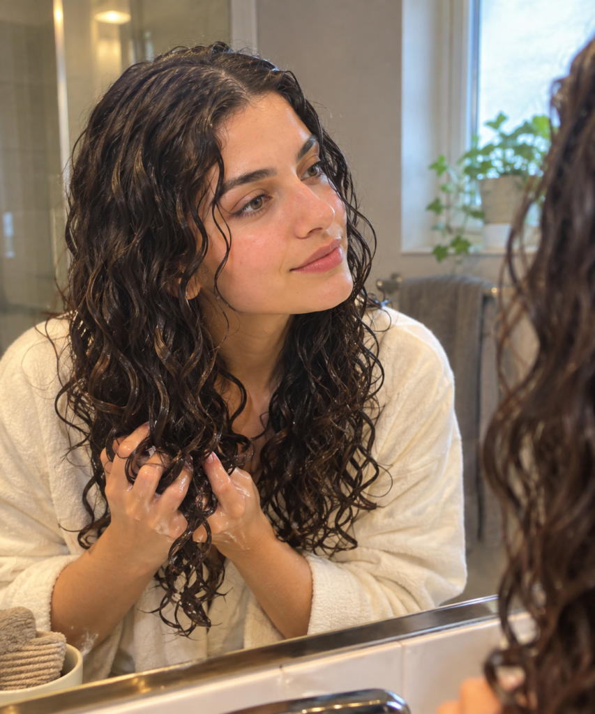 Woman scrunching wet 2C waves for definition