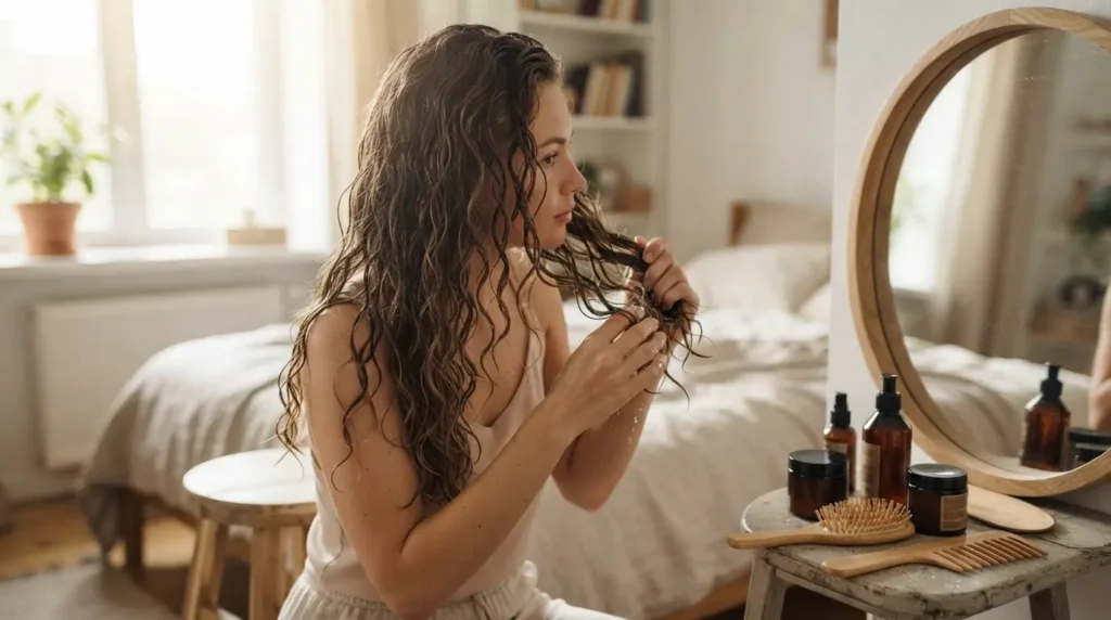 Scrunching wet 2C hair to define natural waves