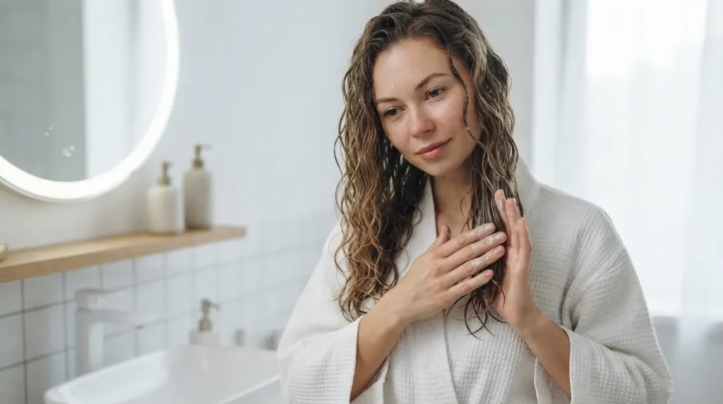 Woman conditioning wet 2C wavy hair during a hair care routine