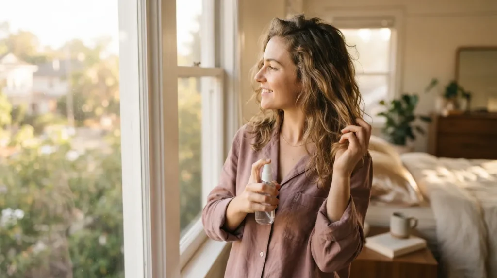Woman refreshing 2C wavy hair in the morning