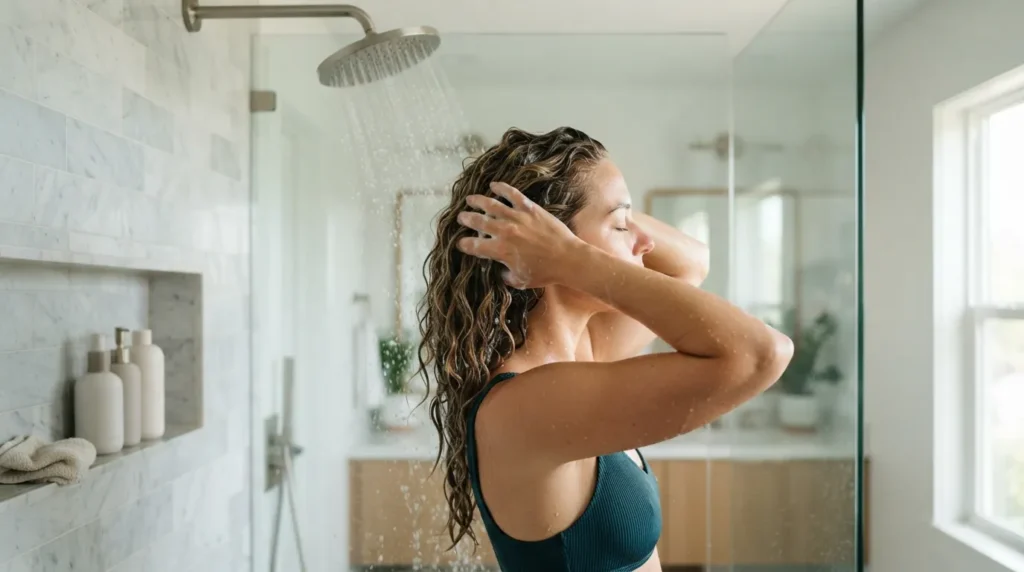 Woman washing wet 2C wavy hair during wash day