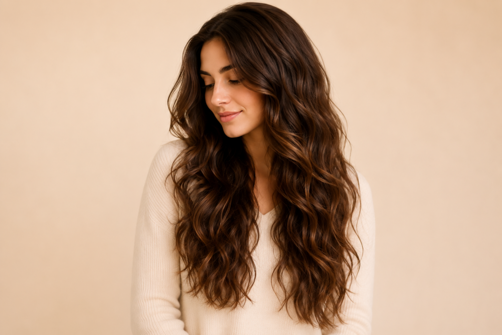 Beautiful woman with healthy long wavy hair for hair care website