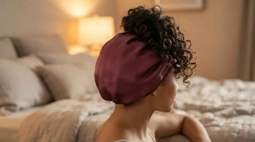 Nighttime protection for 2C and 3A hair mix with a silk bonnet